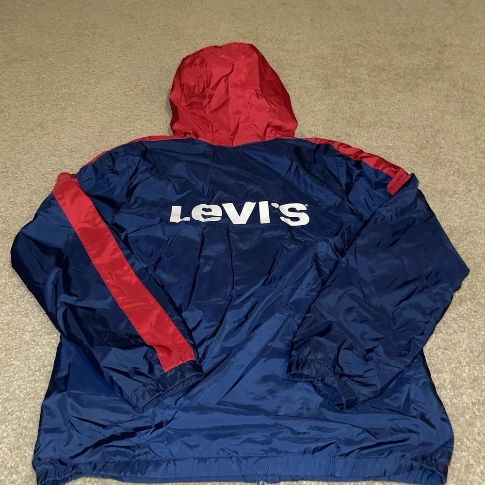 Levis Kids XL Navy Blue Red Hooded Windbreaker Jacket Full Zip Mesh Lined 13-15Y